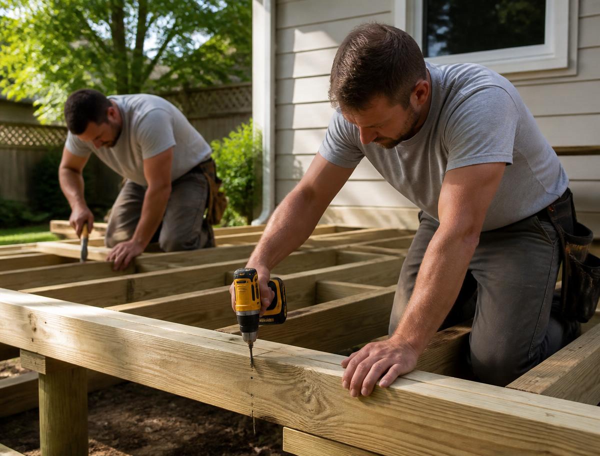 A Plus Fence & Construction crew framing a deck in New Braunfels, Texas