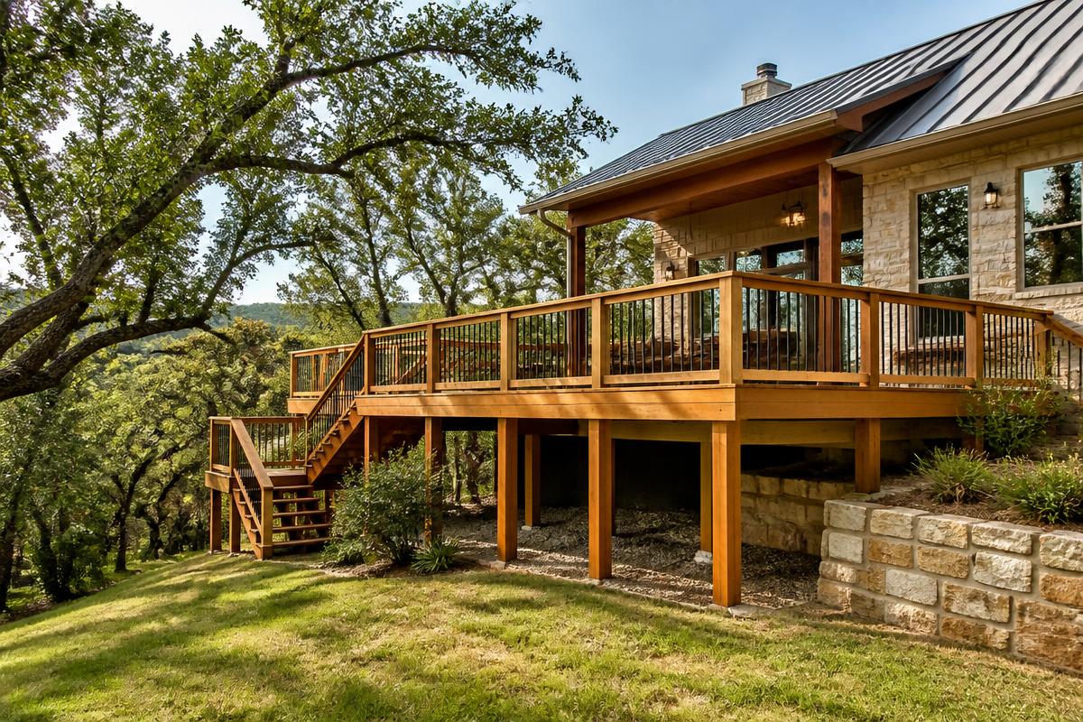 Custom raised cedar deck on a sloped Hill Country property