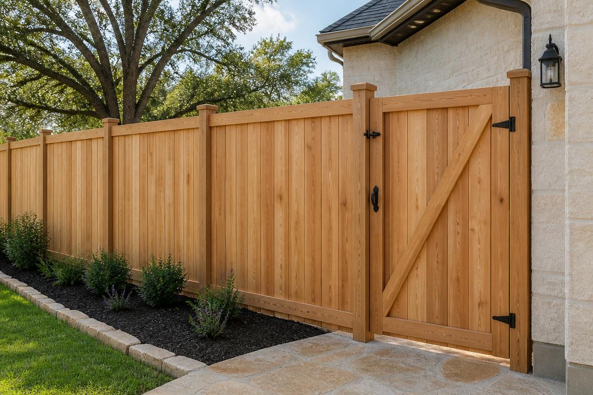 New cedar privacy fence and gate at a Texas home