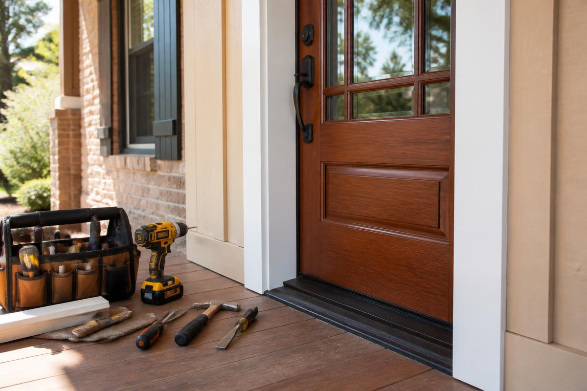 Home repair tools beside a newly repaired exterior door