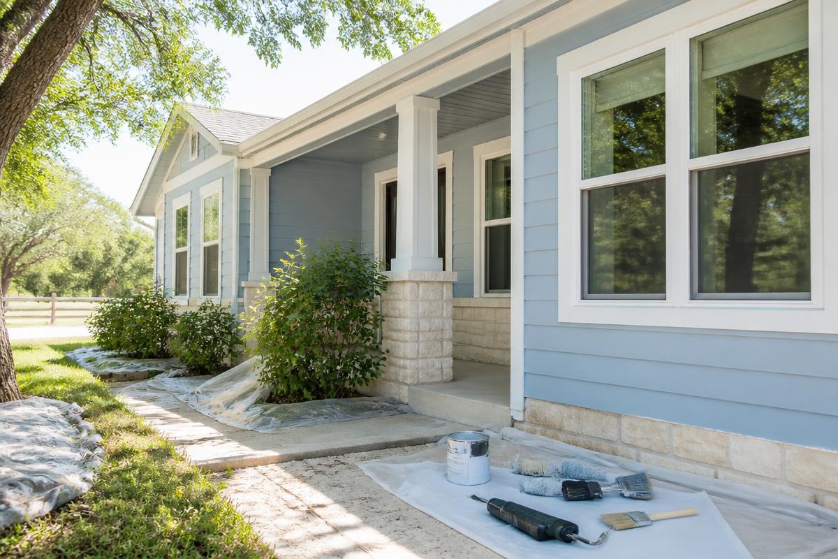Freshly painted home exterior with protected landscaping