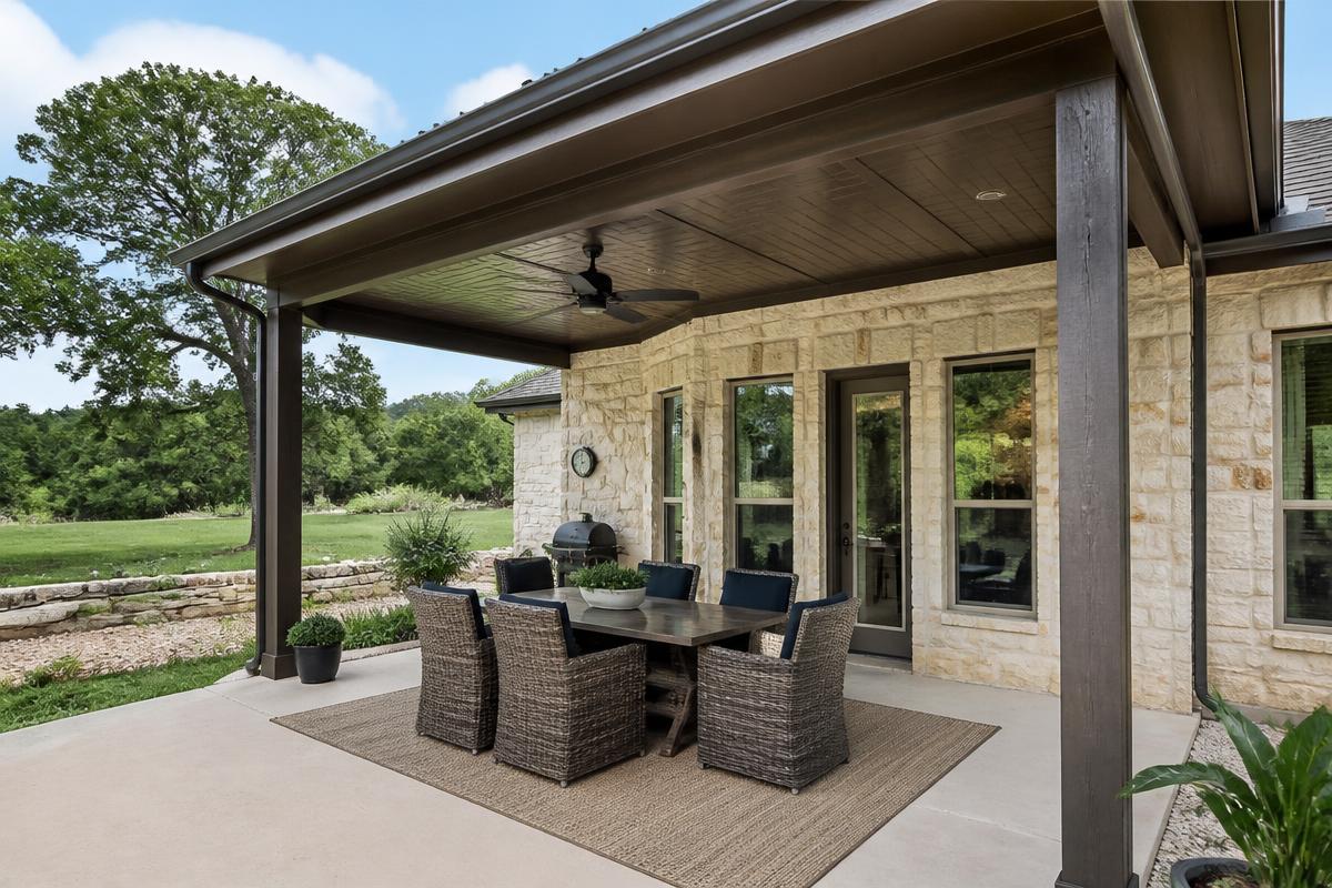 Solid-roof patio cover attached to a Texas limestone home