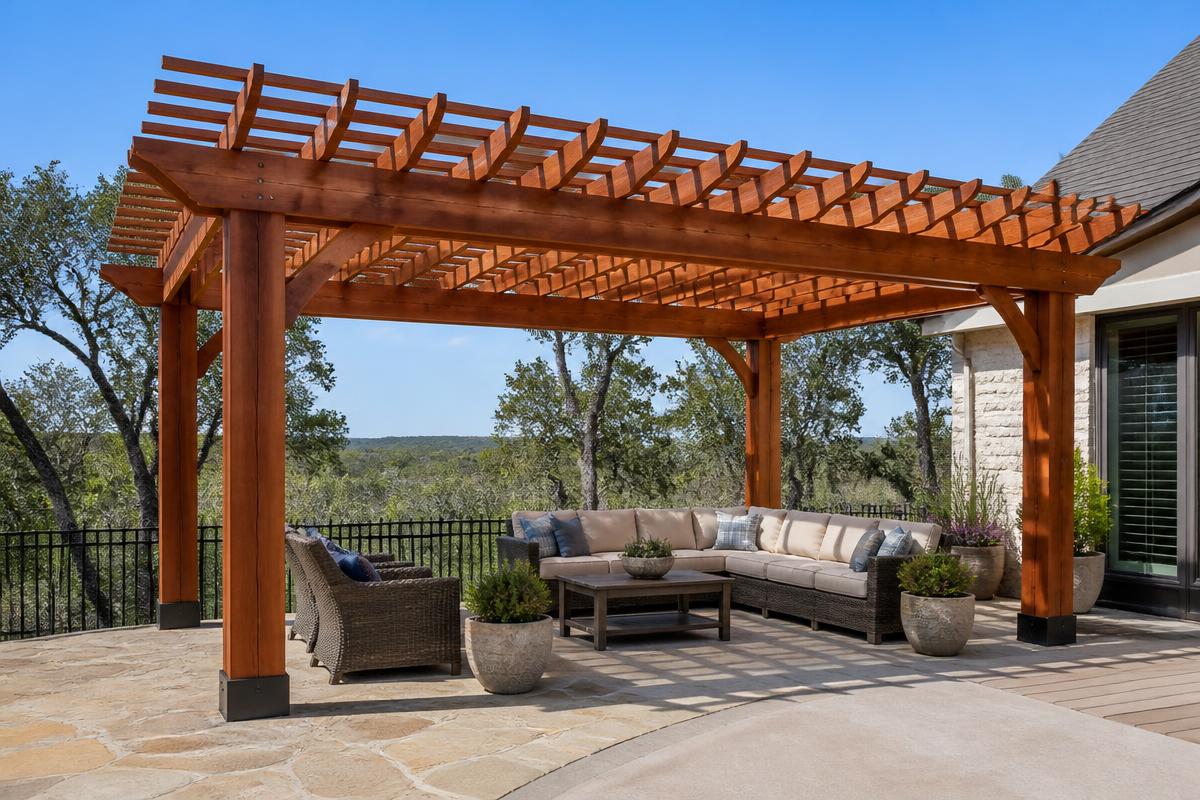 Open-rafter cedar pergola over a Hill Country patio